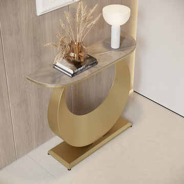 39.4" Narrow Console Table Gray Sintered Stone Entryway Table with Half-Moon Steel Base